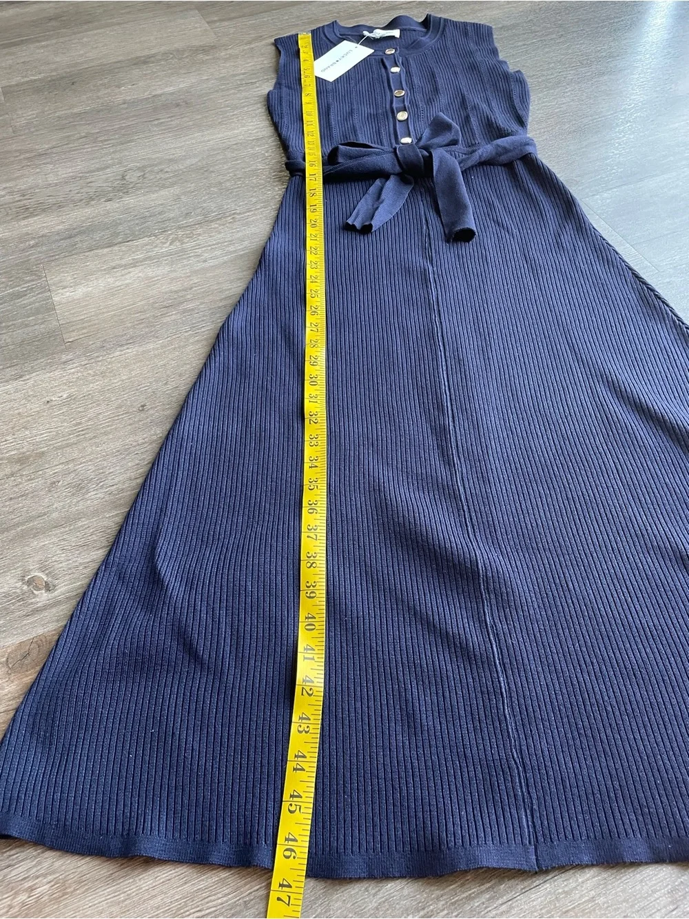Lucky Brand Ribbed Knit Midi Dress XS Navy Gold Button Nautical Tie Belt NWT